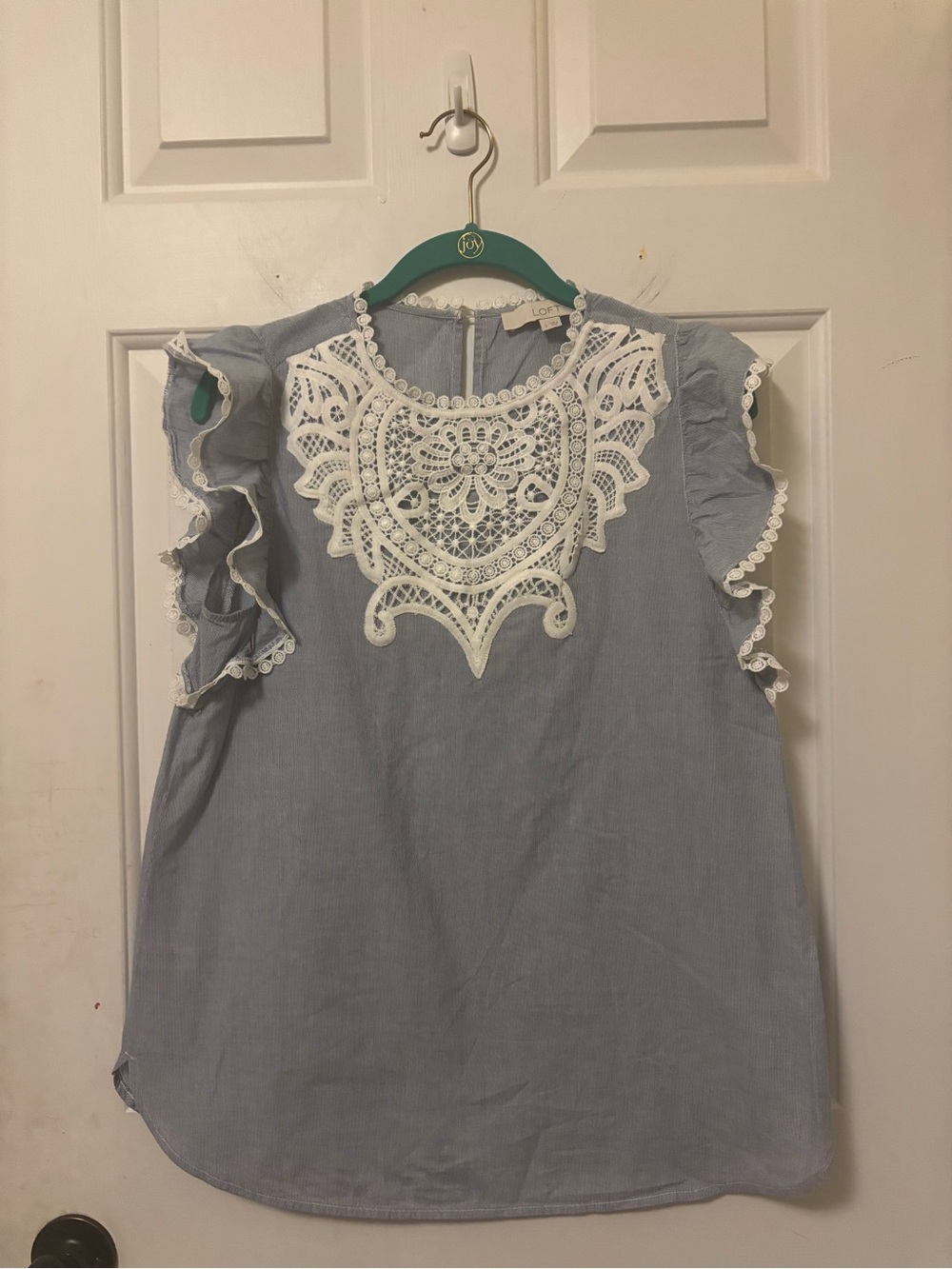 LOFT Blue Pinstripe Top with White Lace Trim Size Small S